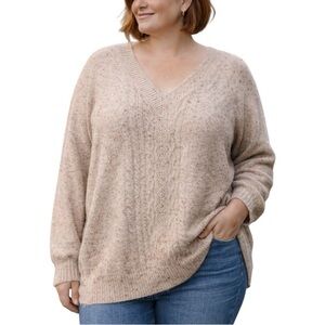Hiatus 2X Cream Oatmeal Flecked Oversized Knit V-neck Sweater